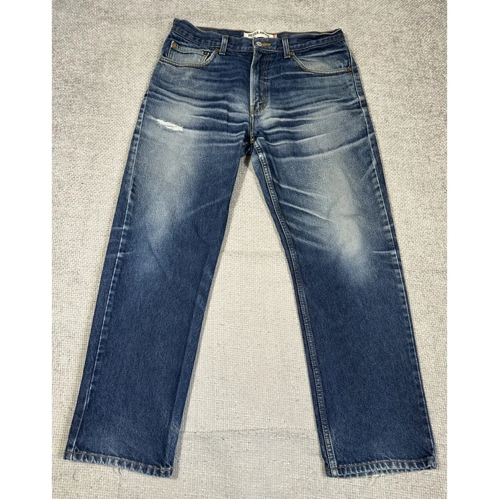 Levis 505 Jeans 34x30 Blue Distressed Faded Cotton Classic Straight Leg Y2K
